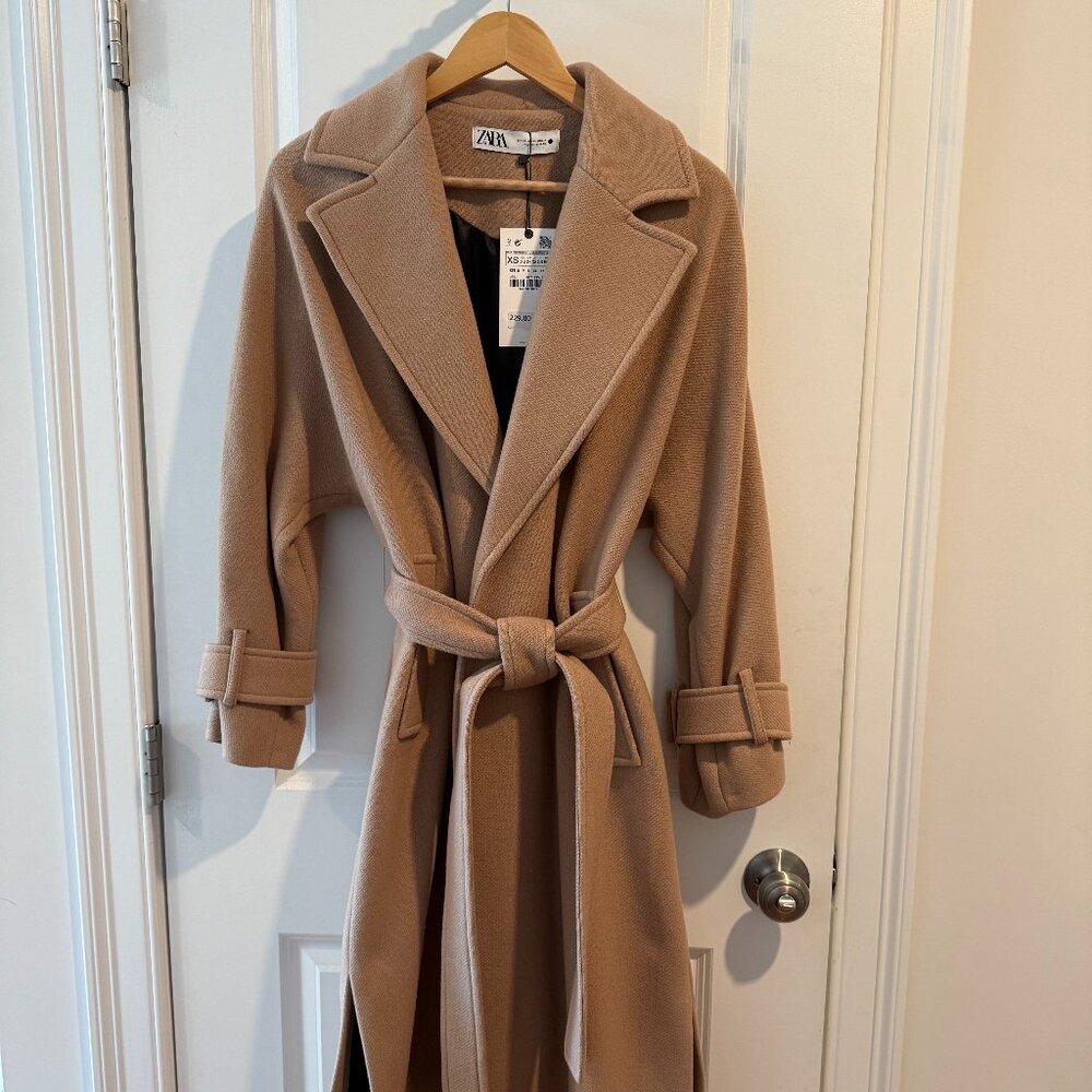 Zara Wool Blend Coat with Tie Waist Camel Tan Size XS
